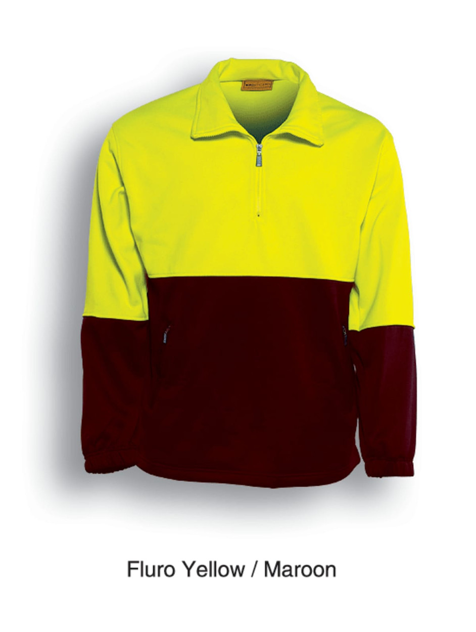 Unisex adults hi-vis 1/2 zip fleece in fluro yellow and maroon, featuring a logo on the chest.
