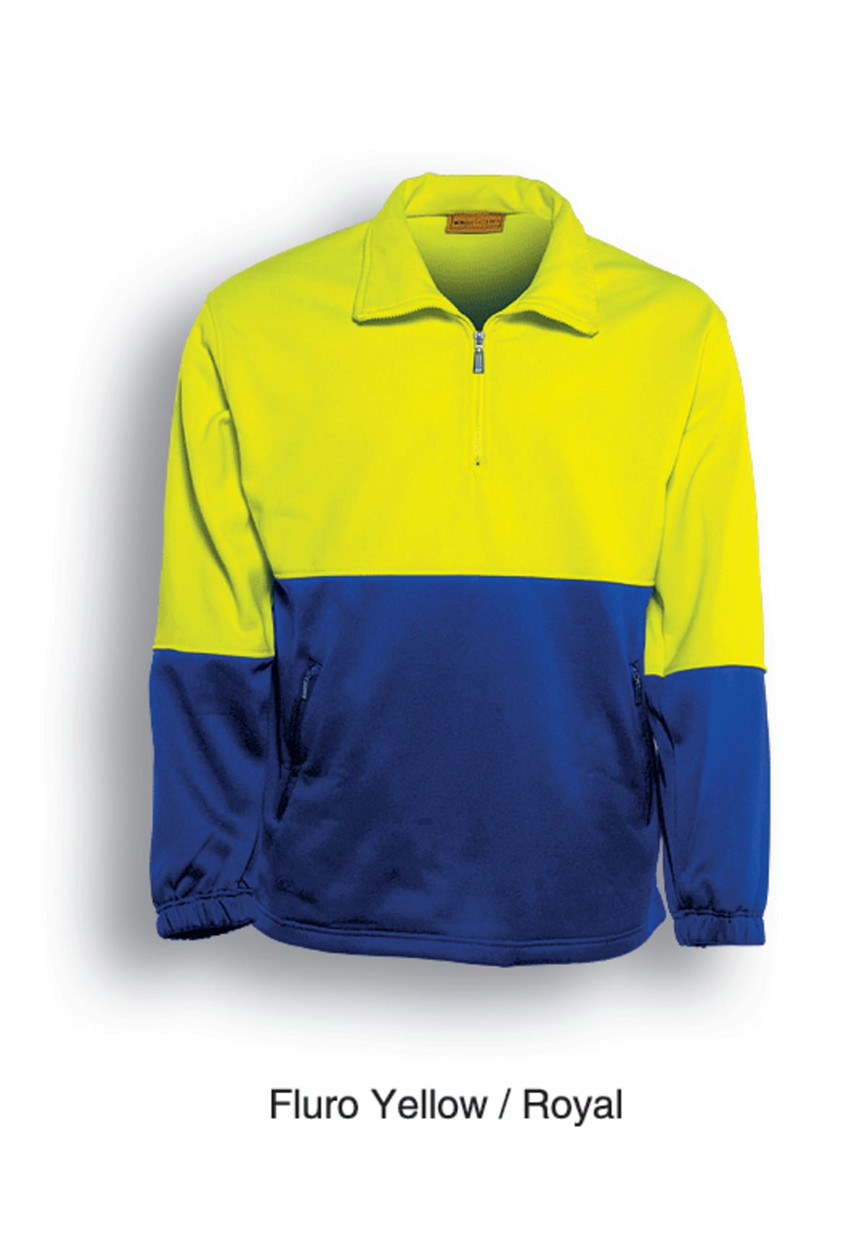 Fluro yellow and royal blue unisex fleece jumper featuring a half-zip design and an attached logo.