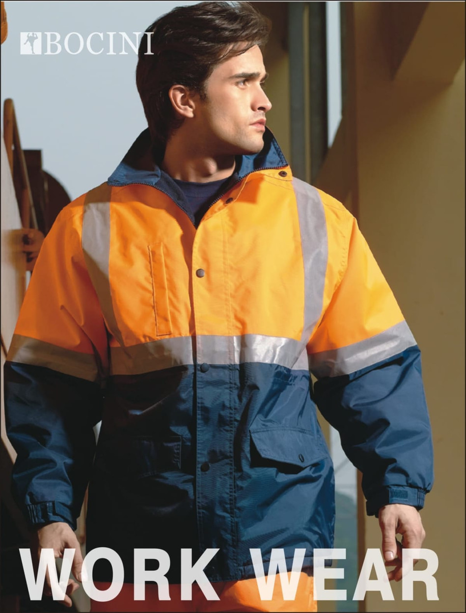 A hi-vis orange and navy polar fleece-lined jacket featuring reflective tape and a logo.
