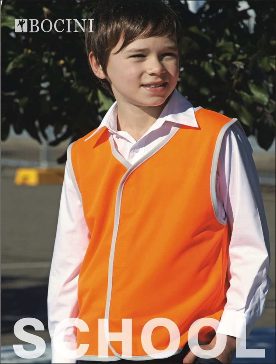 A high-visibility orange safety vest worn by a child, featuring a logo.