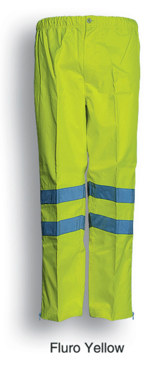 Fluro yellow unisex adults' pants featuring reflective tape. Includes an elastic waistband and branding.