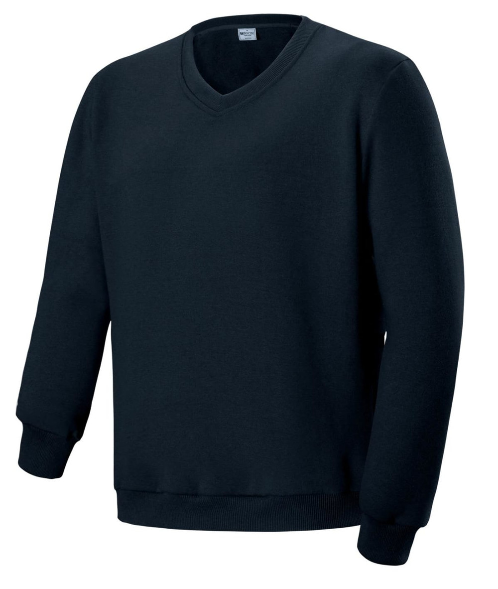 A black unisex V-neck fleece jumper with long sleeves and a ribbed hem. Features a logo on the label.