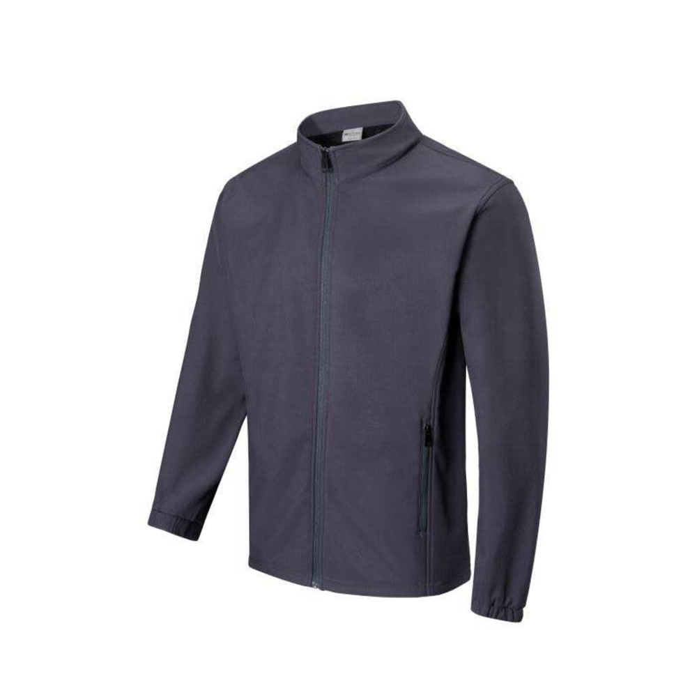 A men's softshell jacket in dark grey with a zip front and side pockets. Features a logo on the chest area.