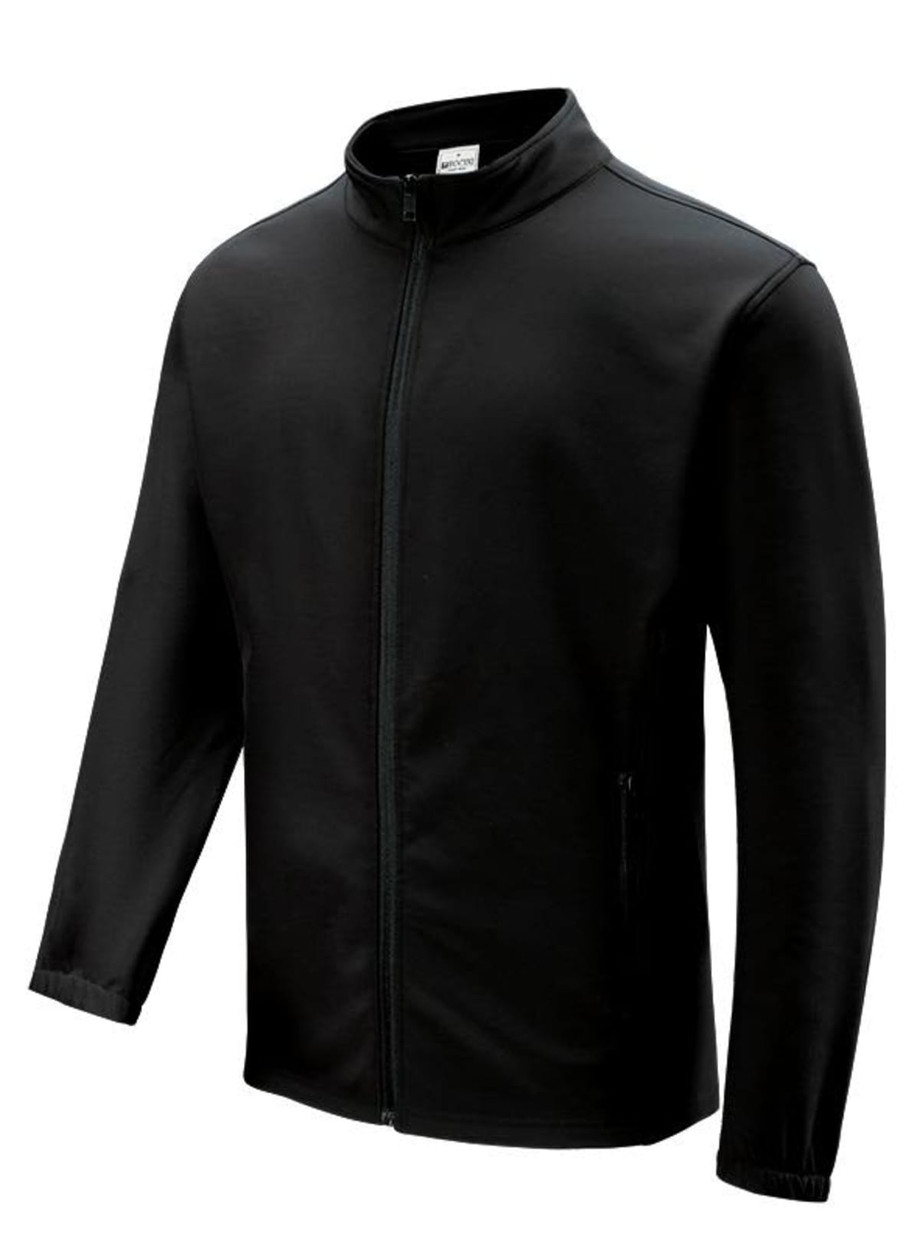 A black softshell jacket with a high collar, zip front and side pockets, featuring a logo on the chest.