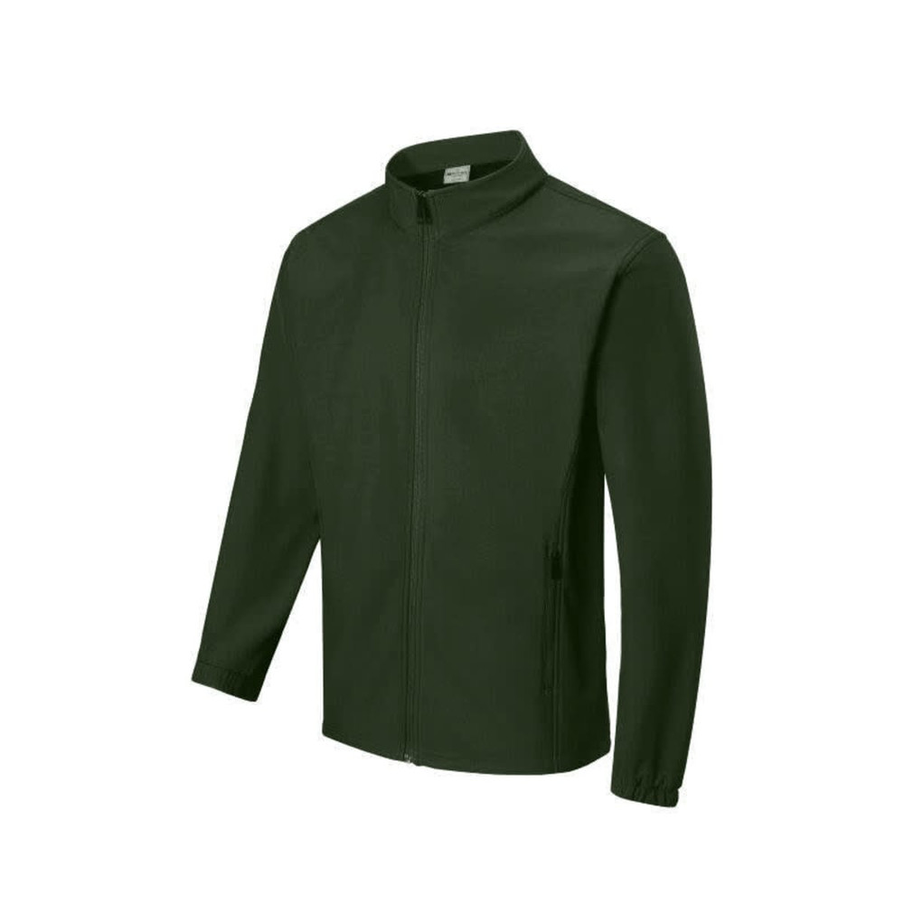 A kids' softshell jacket in dark green with a zip-up front and long sleeves, featuring side pockets and a collar.