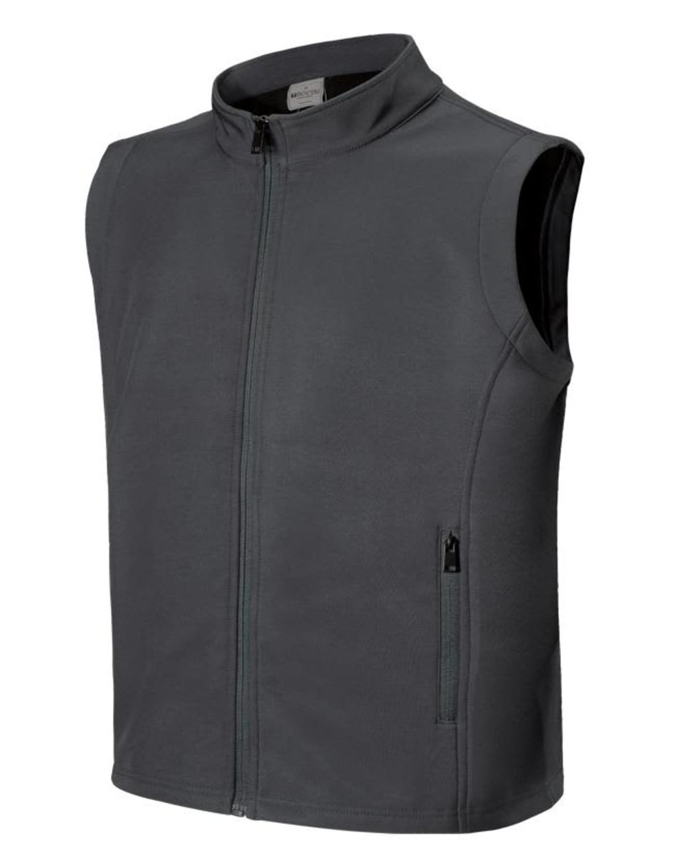 A grey men's softshell vest with a zip front and side pockets, featuring a logo.