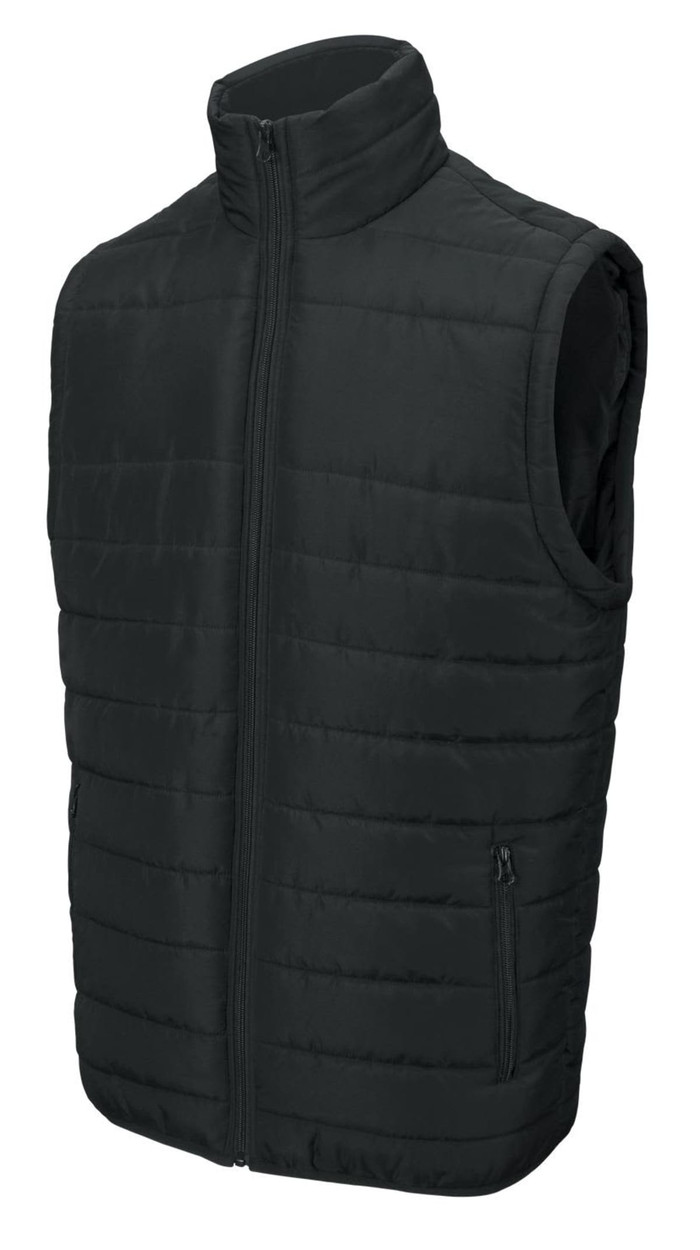 A black kids' puffer vest features a zipped front and two side pockets, with quilted detailing.