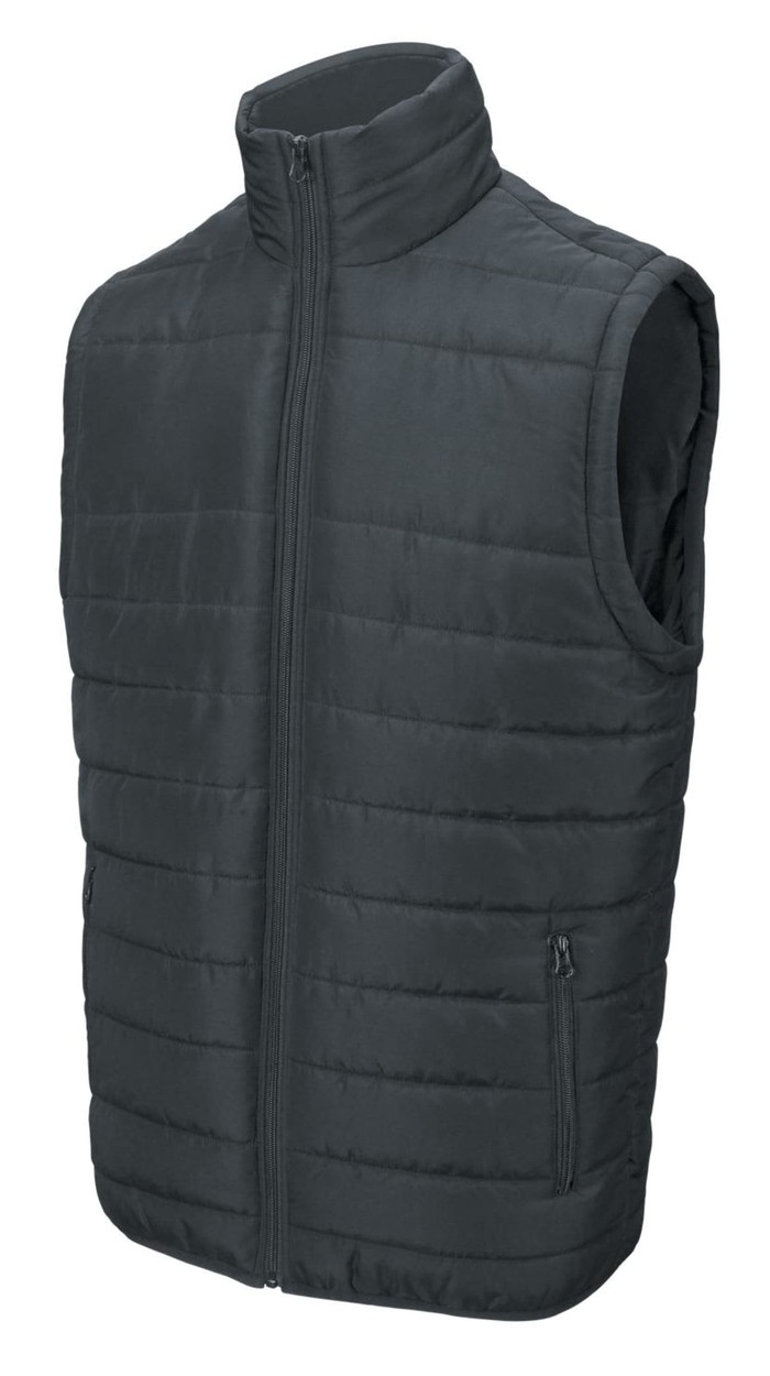 A dark green kids' puffer vest with a zip front and two side pockets, featuring a high collar and quilted design.