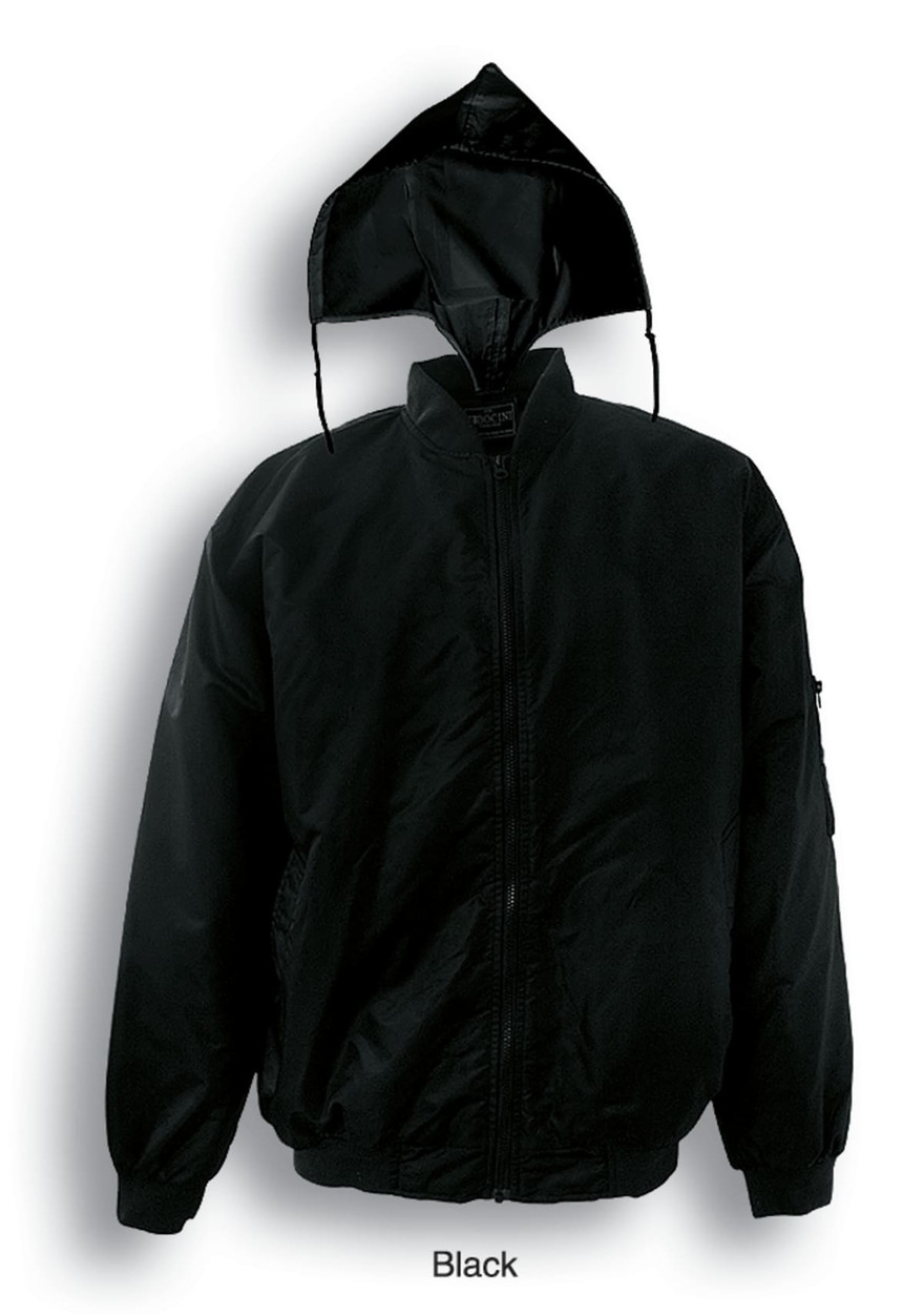 A black unisex adults flying jacket featuring a zip front, stand-up collar, and an attached hood.