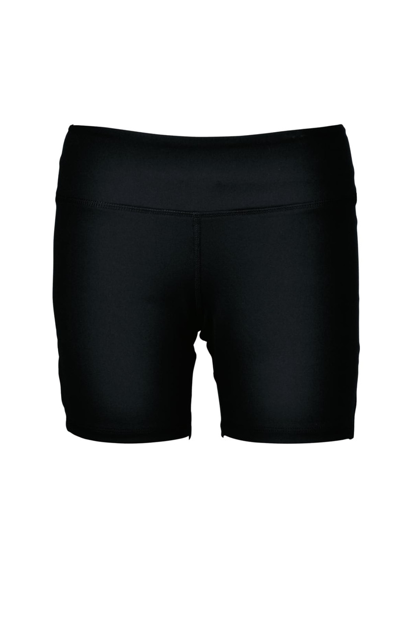 Black ladies' gym shorts with a simple design and an elastic waistband. Features a logo on the waistband.