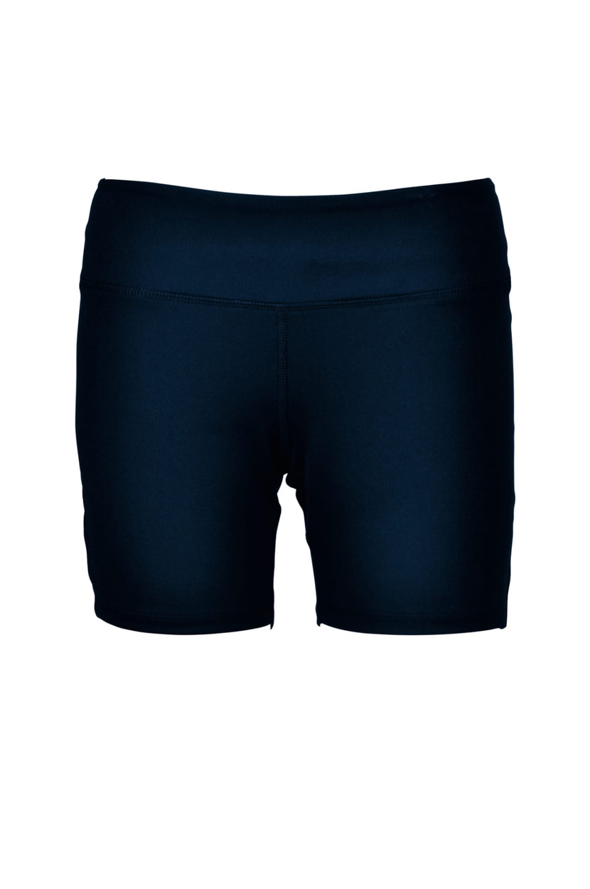 Navy blue ladies gym shorts featuring a fitted design and an elastic waistband. Includes a logo on the waistband.