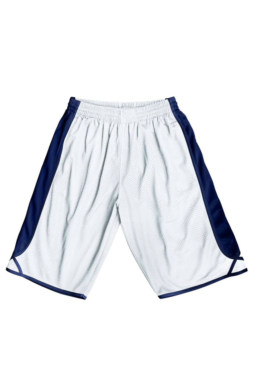 Kids basketball shorts in white with navy blue sides, featuring a stretchy waistband and a lightweight design.