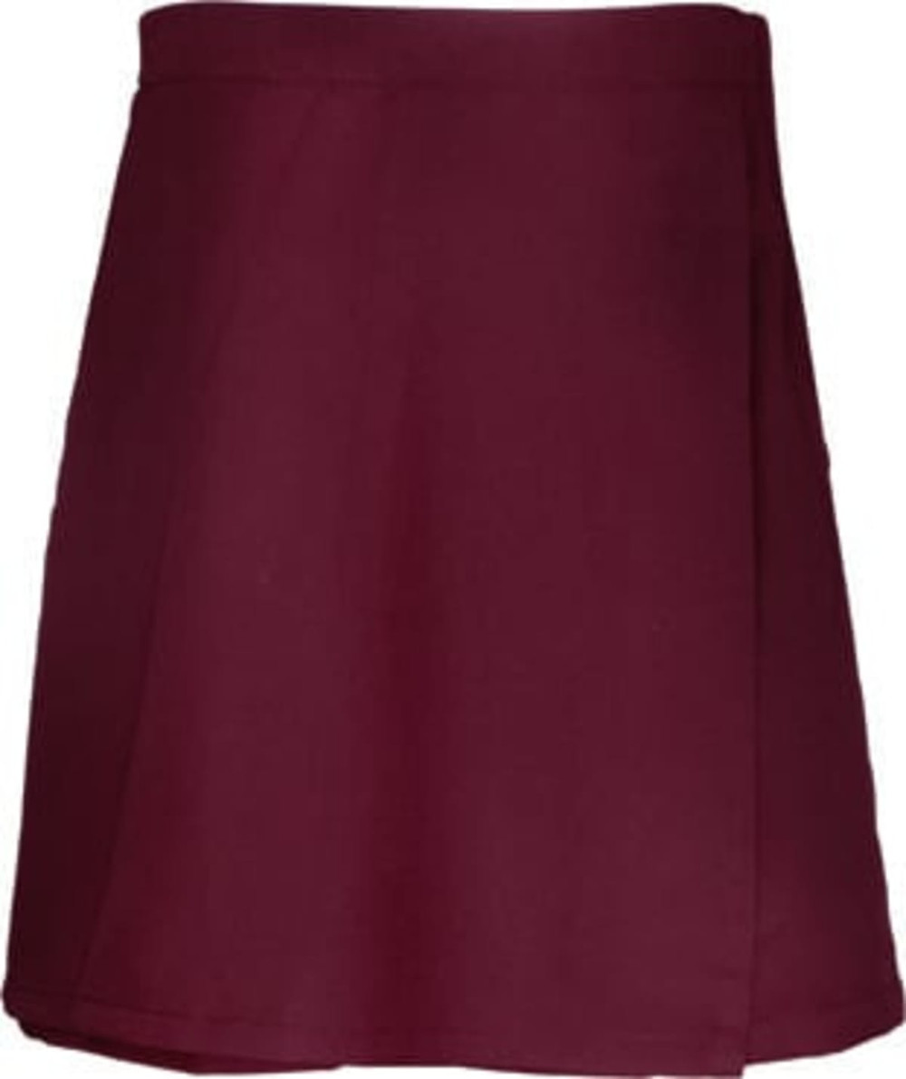 A maroon girls' school skort with a simple design and pleated detailing. It features a logo at the waistband.