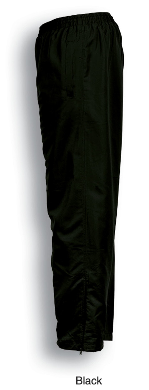 Black unisex track suit pants featuring an elastic waistband and zippered cuffs. Includes a logo on the side.