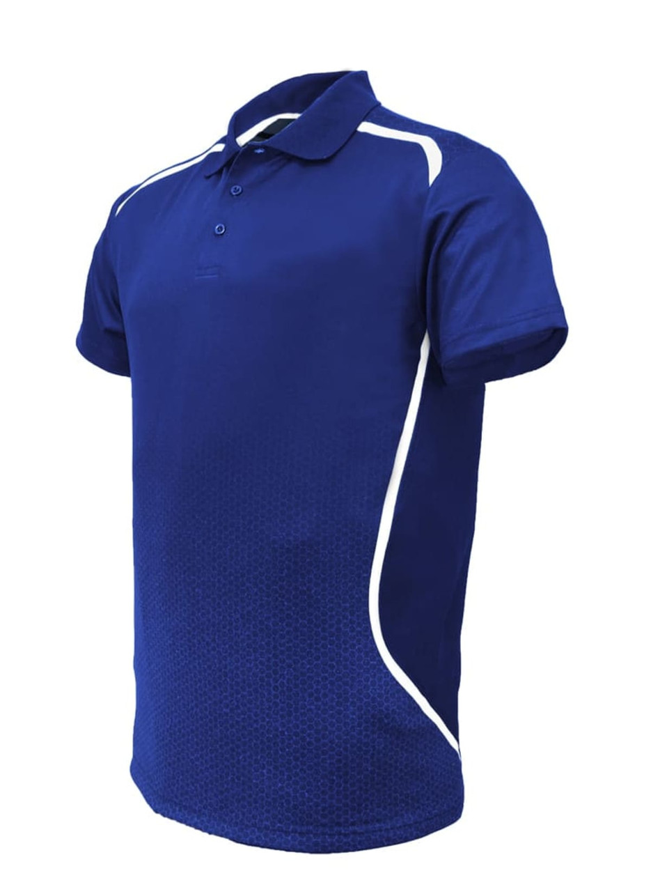 A blue unisex sports polo with a subtle pattern and white accents, featuring a collar and branded logo.