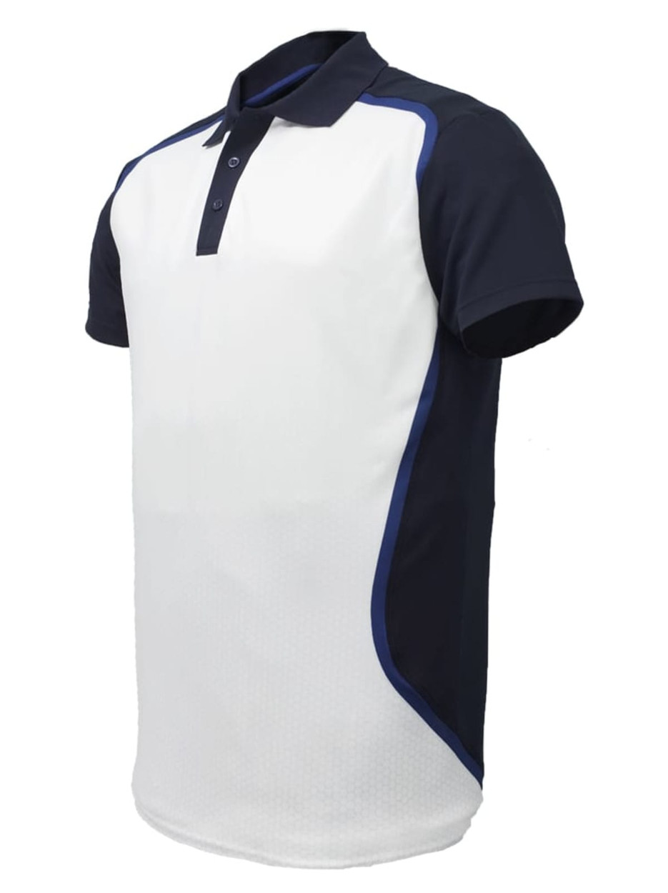 A unisex adults sublimated sports polo shirt featuring white and navy blue colours, with a logo on the chest.