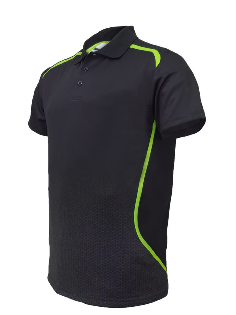 A black unisex sports polo featuring vibrant green accents and a logo on the chest.