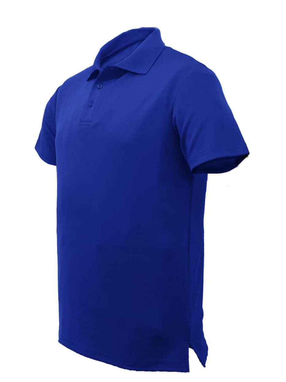 A plain blue cotton polo shirt with a collared neck and a logo on the chest.