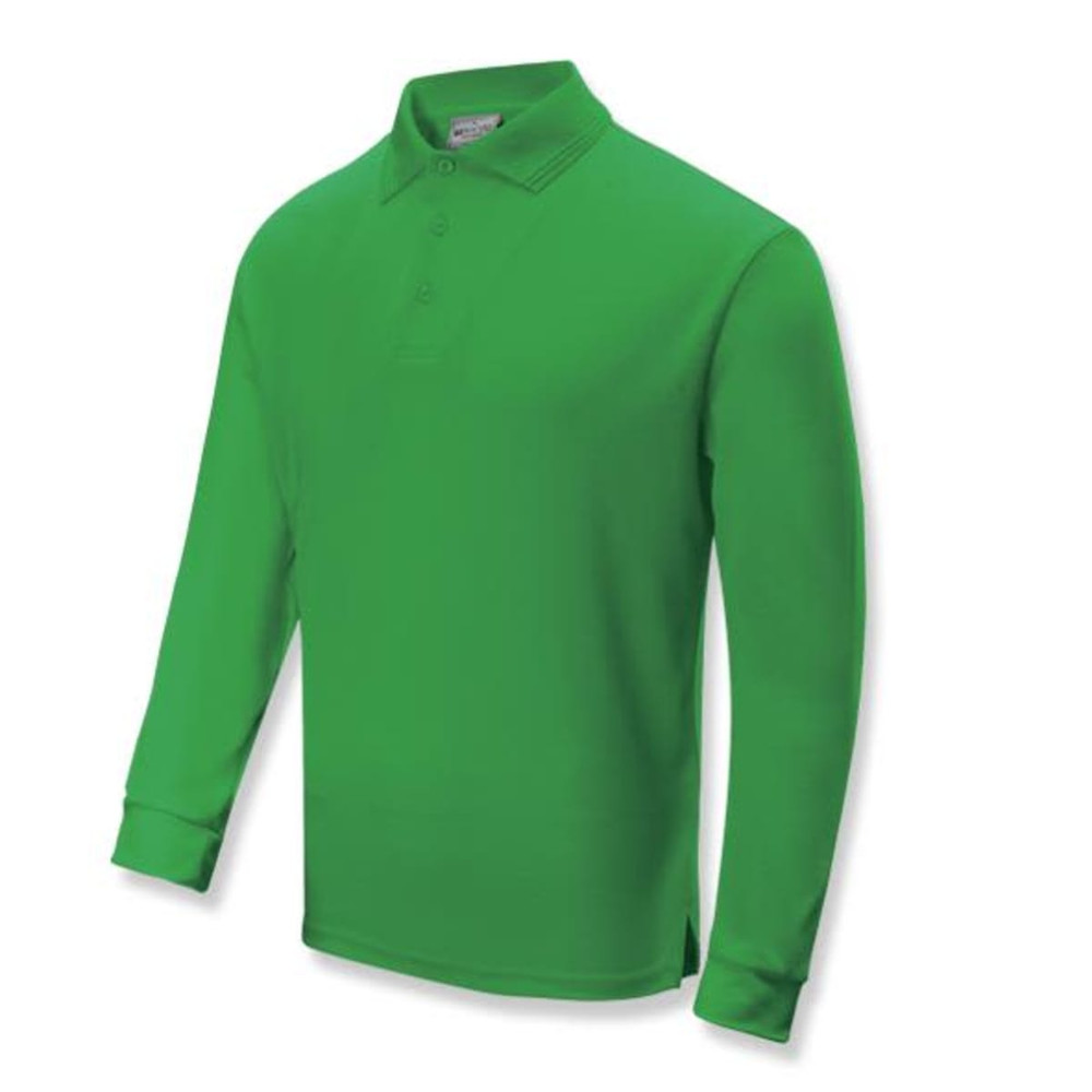 A long sleeve polo shirt in vibrant green, featuring a collar and a logo on the front.