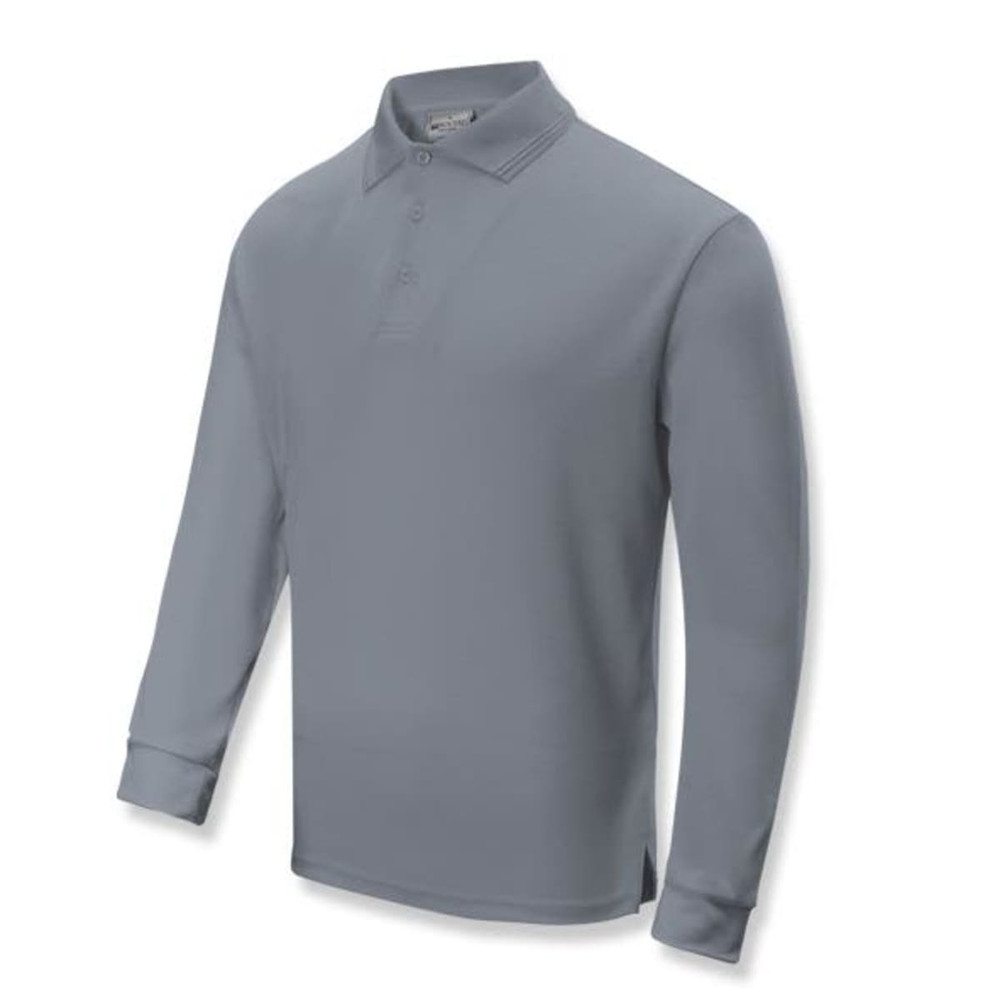 A long sleeve polo shirt in light grey with a collar and button placket, featuring a logo on the chest.