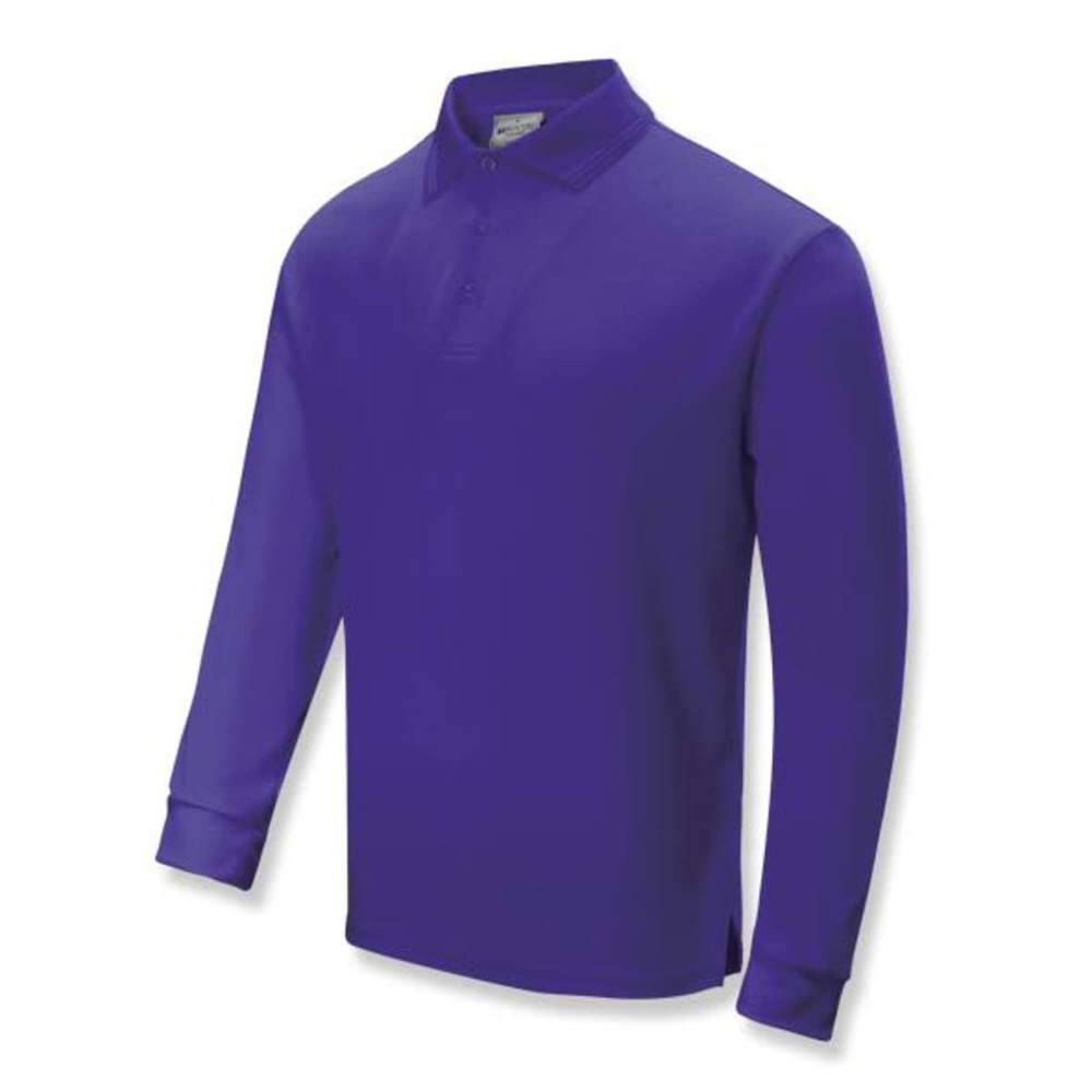 A purple long sleeve polo shirt with a collar and branding. Ideal for kids’ active wear.
