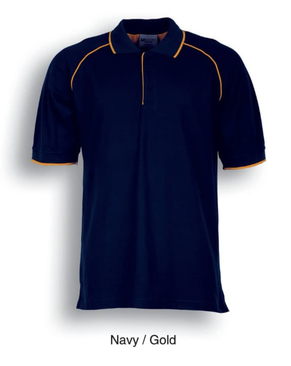 A unisex adult polo shirt in navy with gold accents and a logo on the chest.