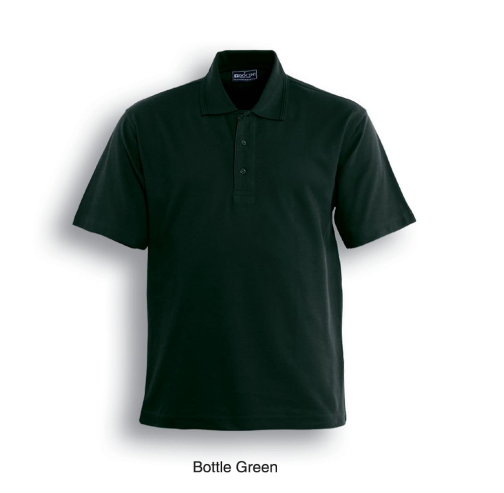 A bottle green polo shirt with a classic collar and short sleeves, featuring a logo on the chest.