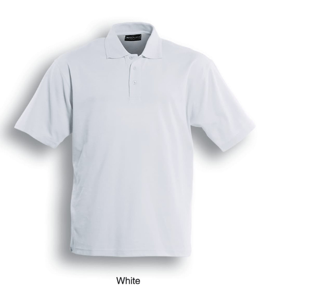A white kids' basic polo shirt with a collar and short sleeves, featuring a logo on the neckline.