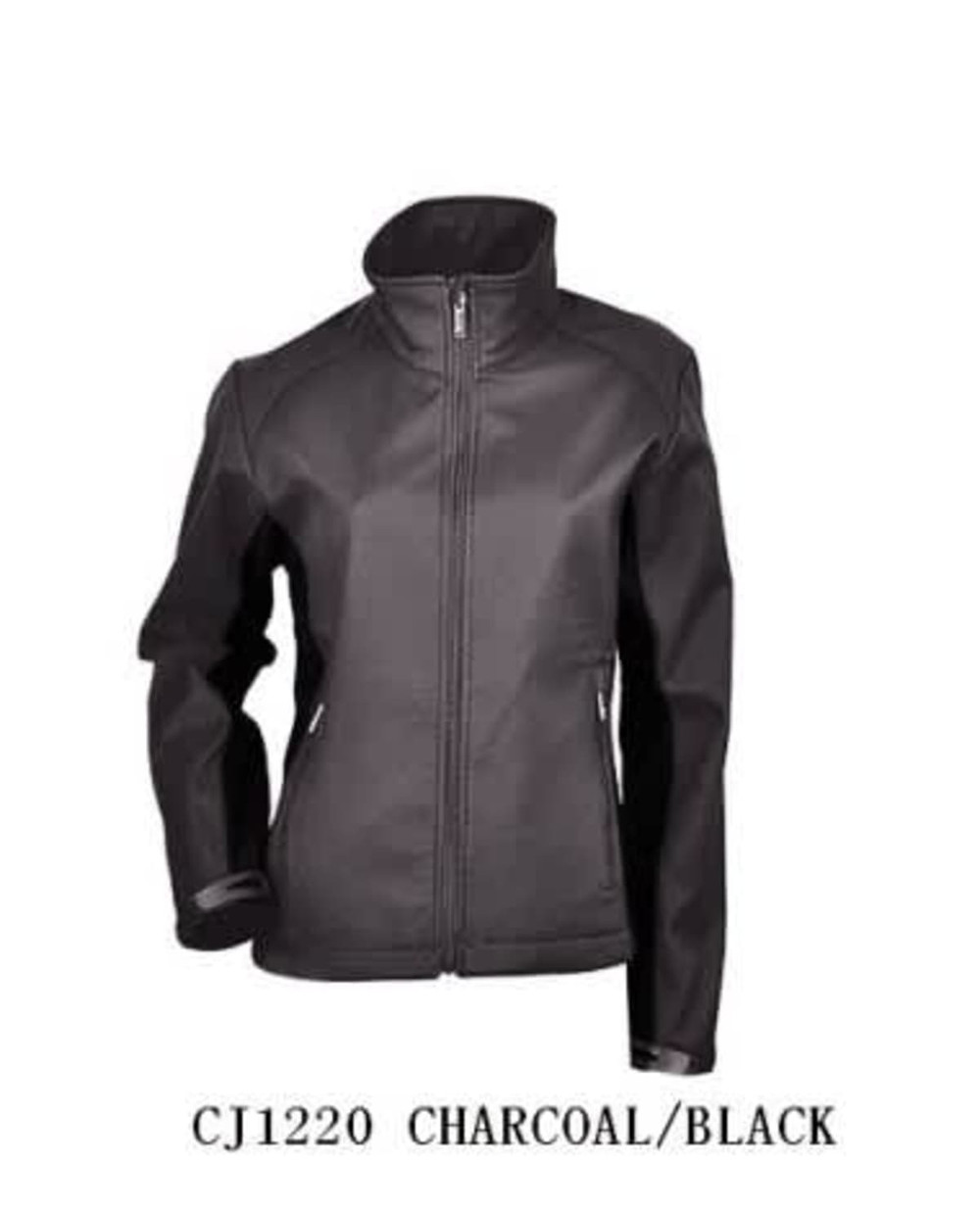 A charcoal and black ladies soft shell jacket with a high collar and zip closure, featuring a logo.