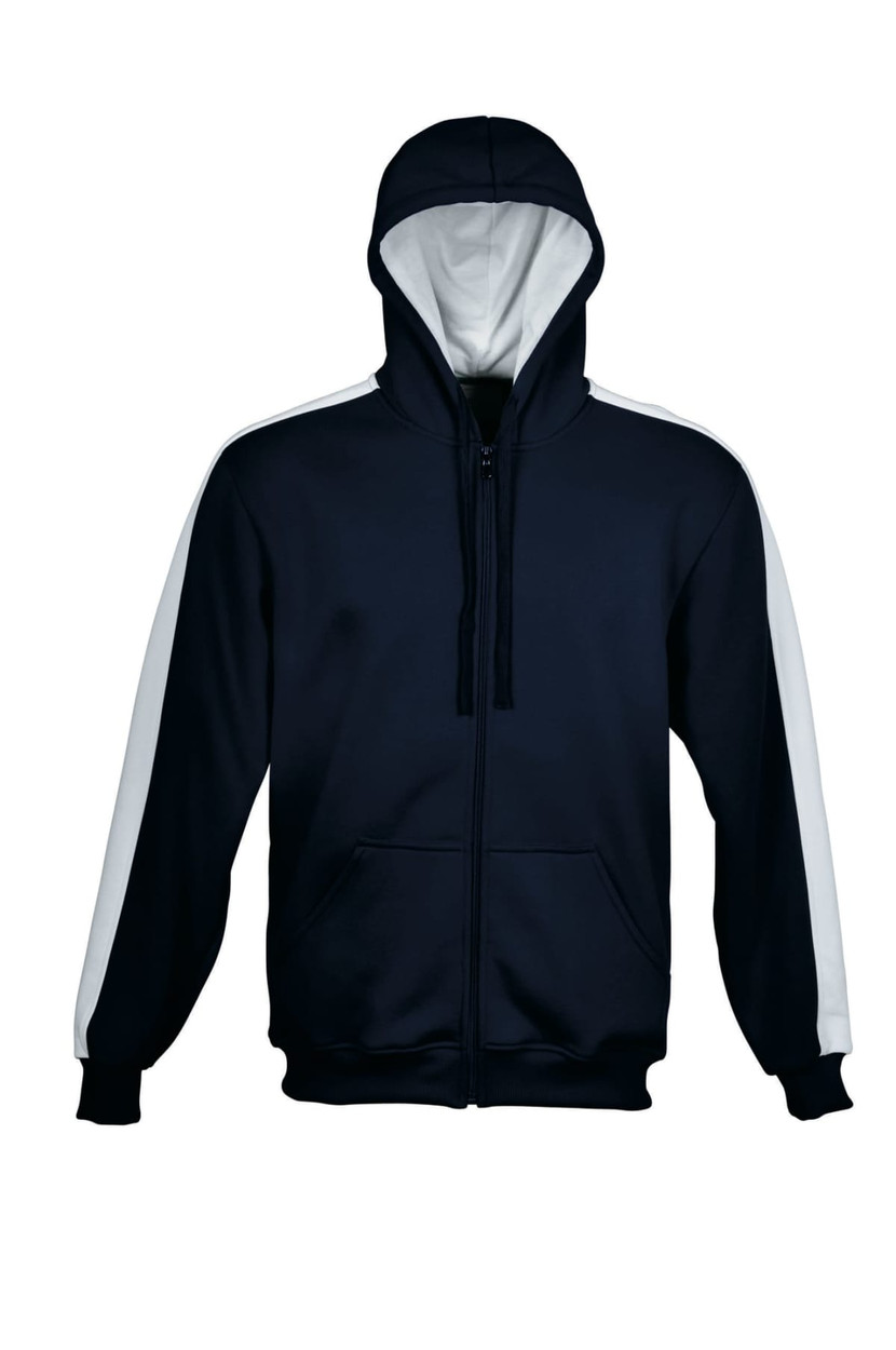 A navy and white Kids Contrast Fleece Zip Through Hoodie featuring a hood and front pockets.