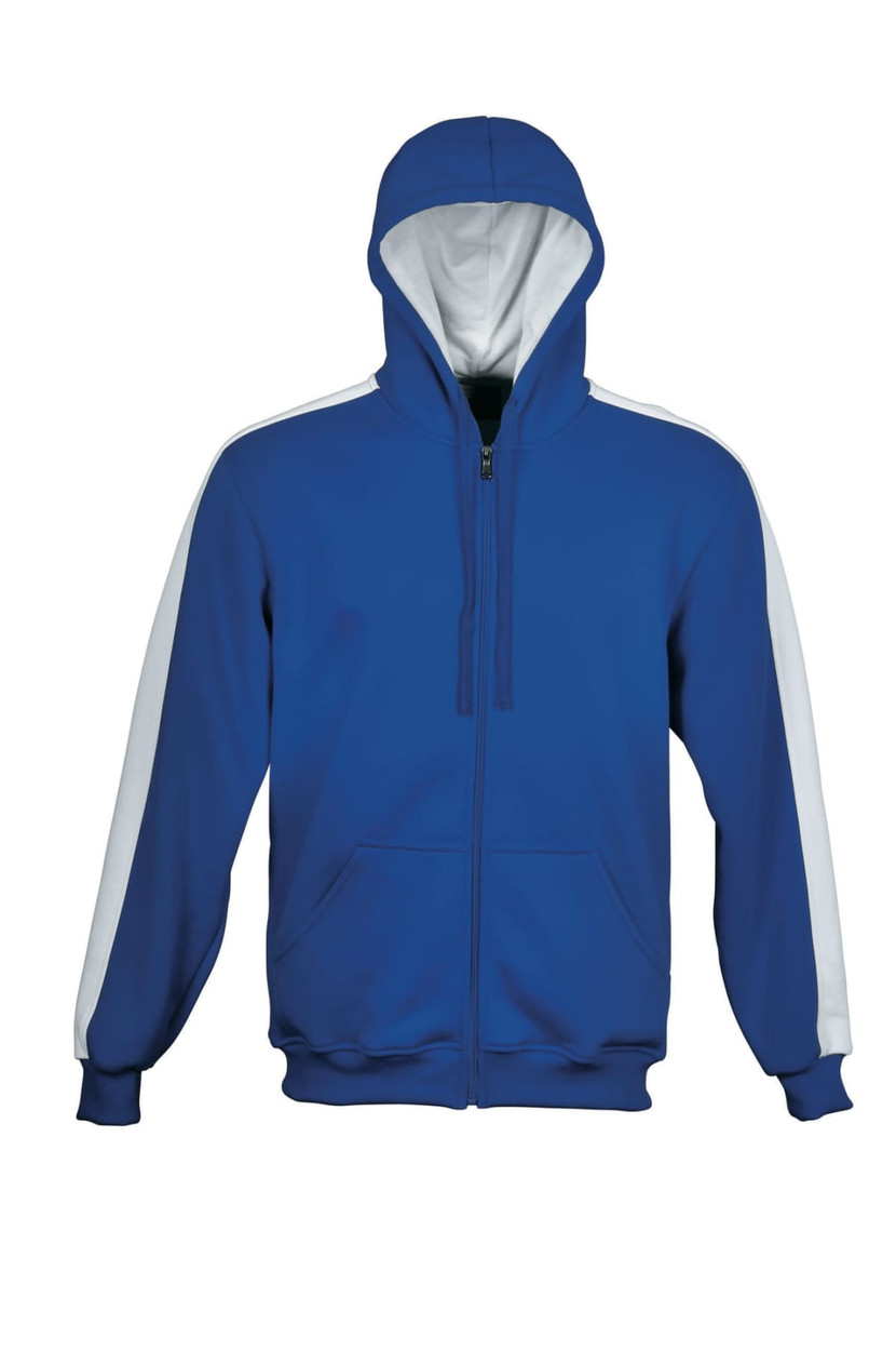 A blue fleece zip-through hoodie with white contrasting sleeves and a hood. It features a logo on the front.