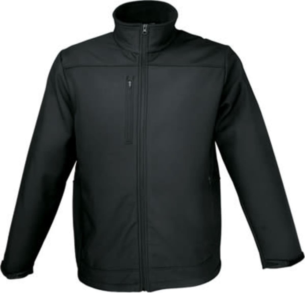 A men's soft shell jacket in black, featuring a zip closure and a high collar. The jacket has one zippered pocket and a branded logo.