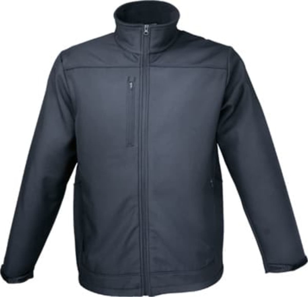A soft shell jacket in dark grey, featuring a zippered front and a high collar. It includes a logo on the chest.