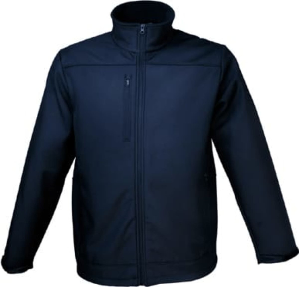 A dark navy soft shell jacket featuring a high collar and a front zip pocket, with a logo on the chest.