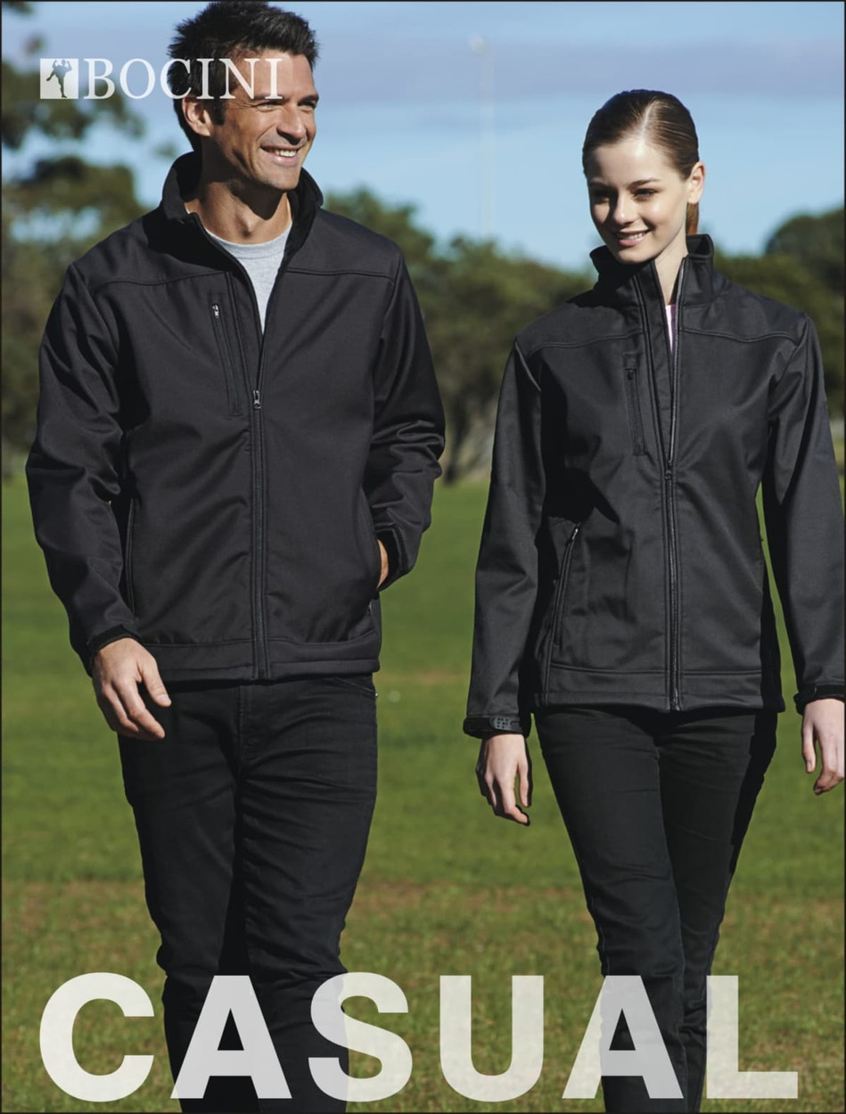 A black soft shell jacket for women, featuring a zip front and a logo, showcased outdoors with two models.