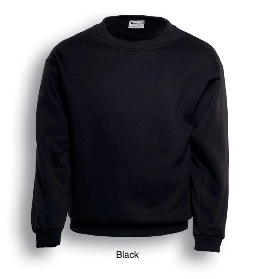 A black unisex crew neck fleece jumper with long sleeves and a casual fit. It features a logo above the neckline.