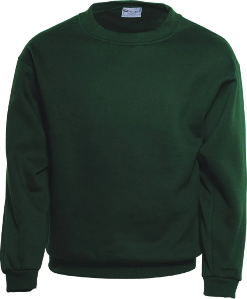 A unisex crew neck fleece jumper in dark green with long sleeves and a simple design. It has a logo on the label.