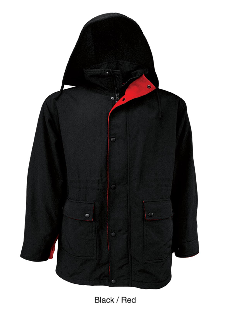 A black and red unisex casual wear jacket featuring a hood and multiple pockets. It has a branding logo.