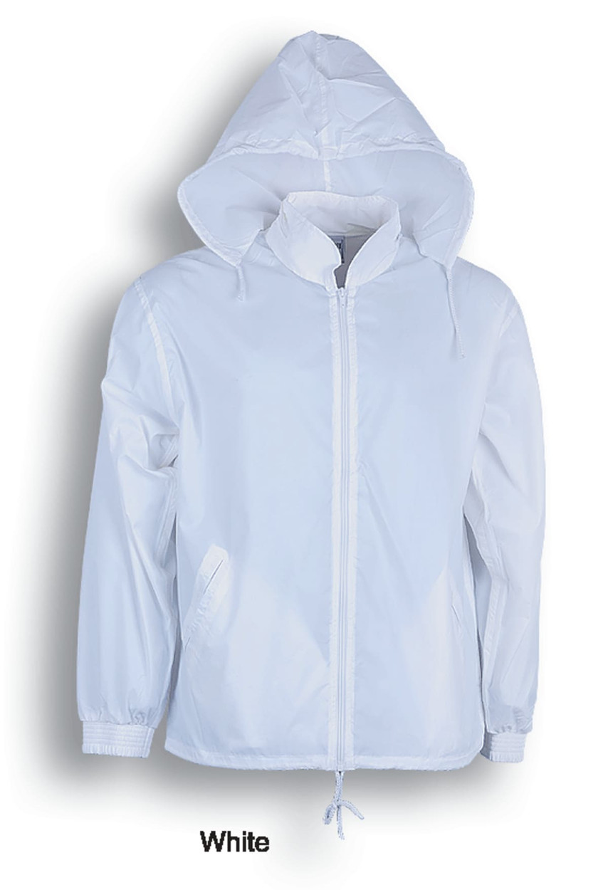A white kids' yachtman's jacket with lining, featuring a hood and adjustable drawstrings. It has a logo on the front.