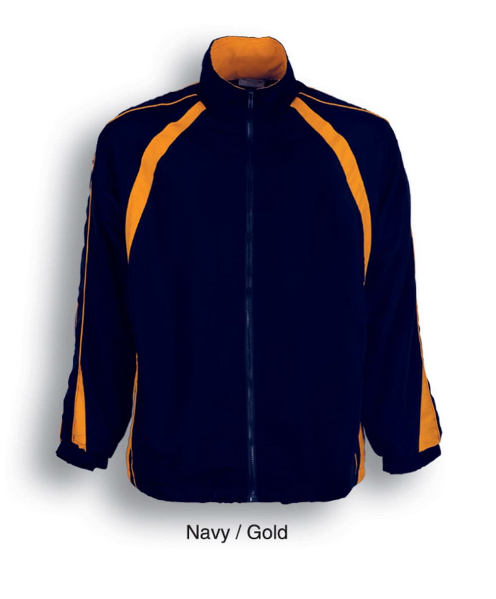 A navy and gold kids track suit jacket with contrast panels and a zip-front closure. Features a logo on the chest.