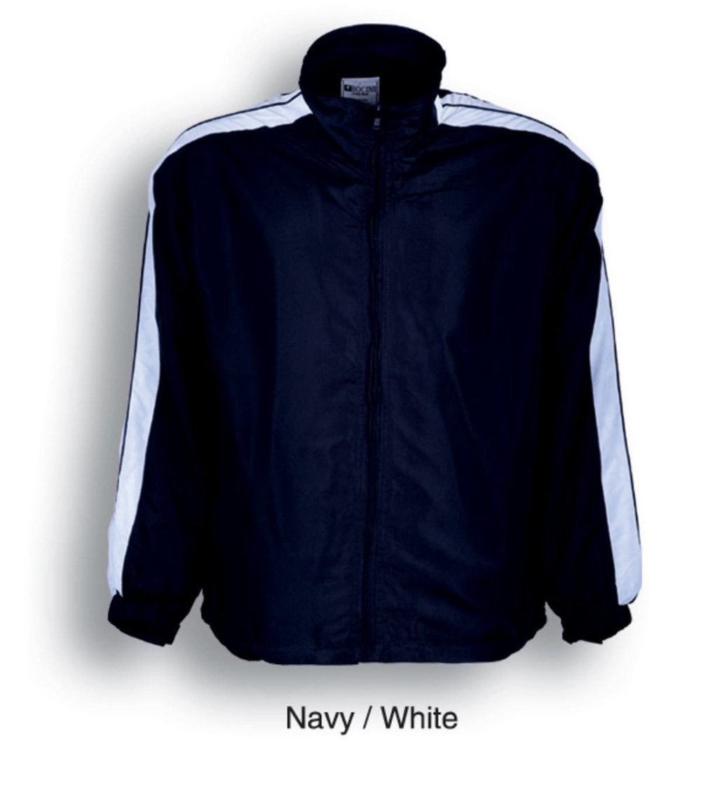 A navy and white unisex adults track suit jacket featuring a zipped front and contrasting sleeve details.