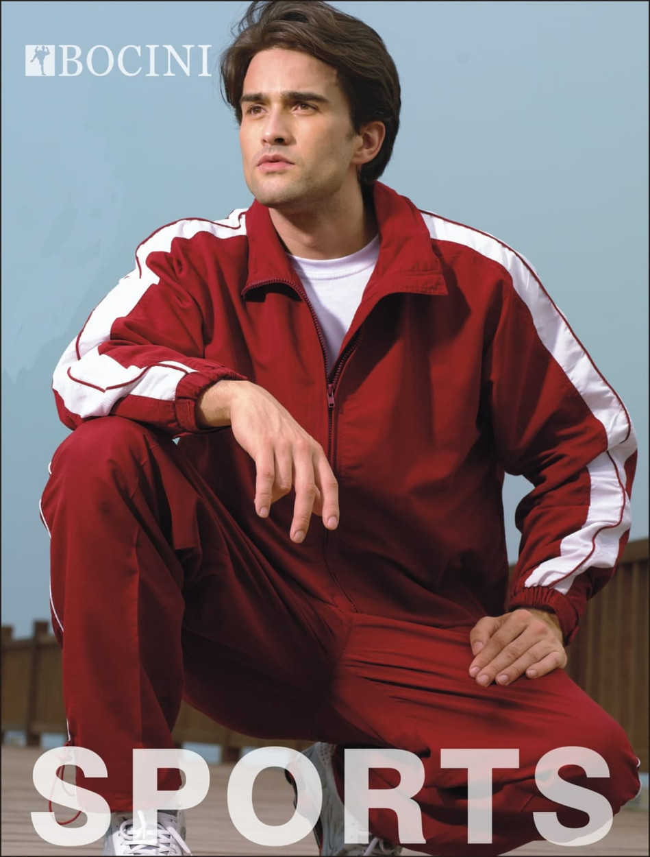 A maroon unisex adults track suit jacket with white stripes, featuring branding on the upper left.