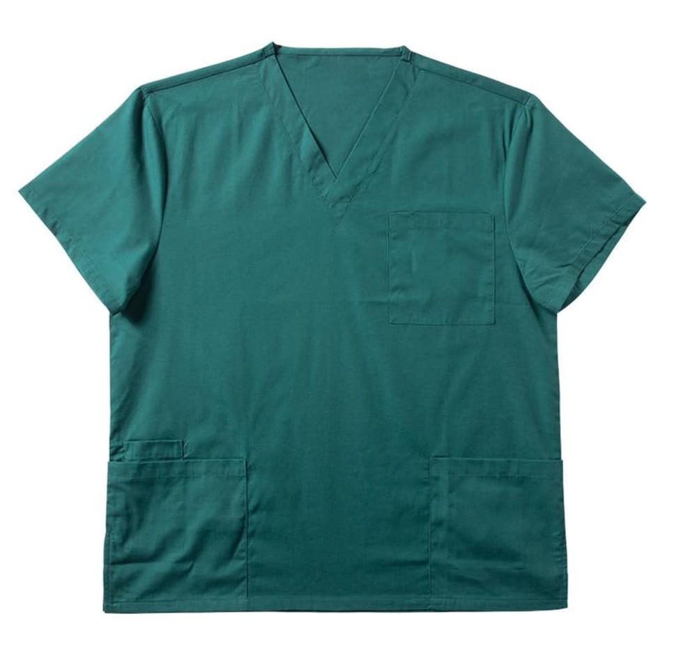 A green scrub top featuring short sleeves and a chest pocket, with a logo on the fabric.