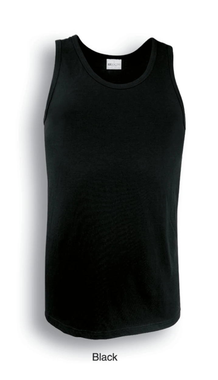 A black men's cotton singlet with a round neck and no sleeves, featuring a label at the top.