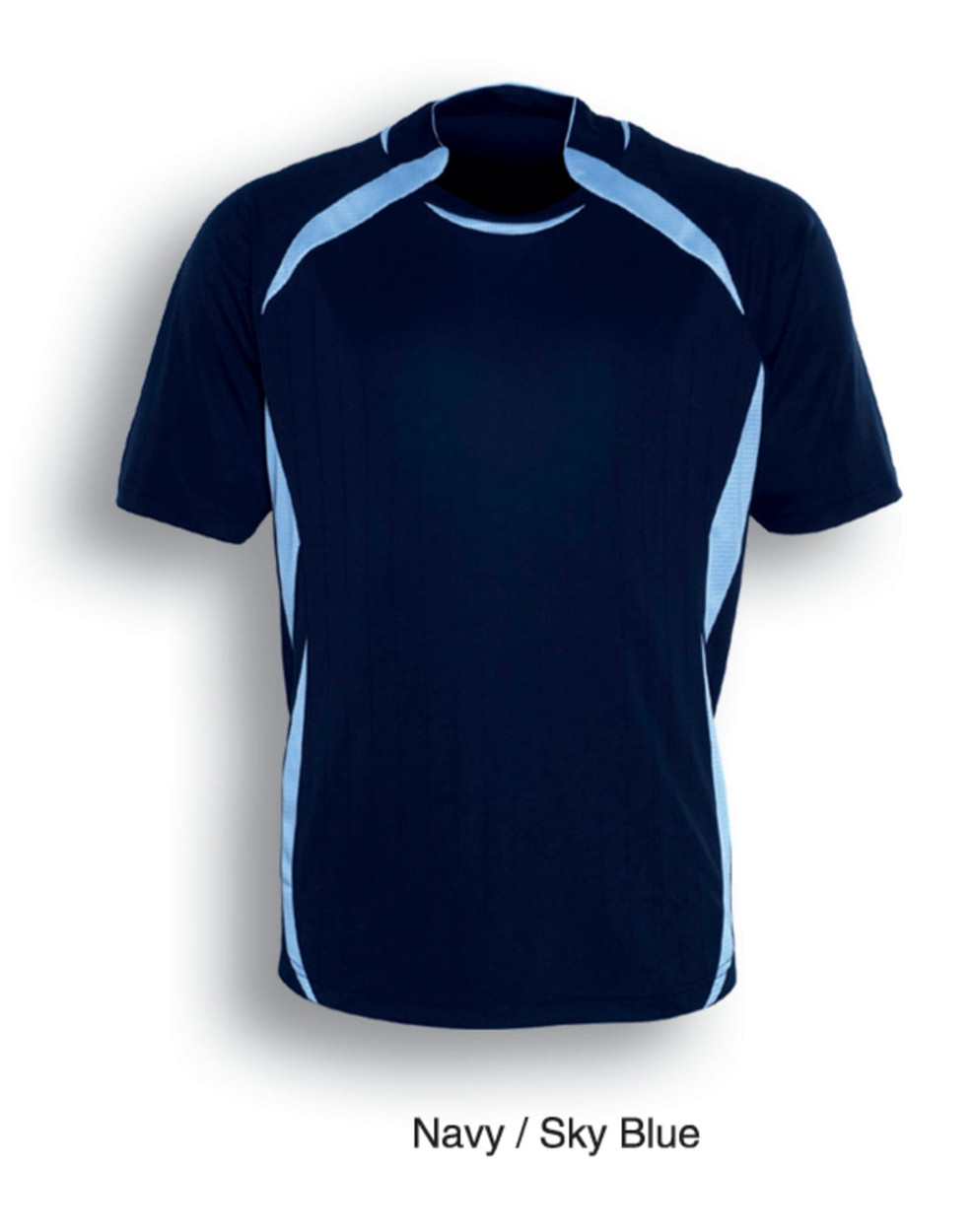 A navy and sky blue kids' sports jersey featuring short sleeves and contrasting side stripes.