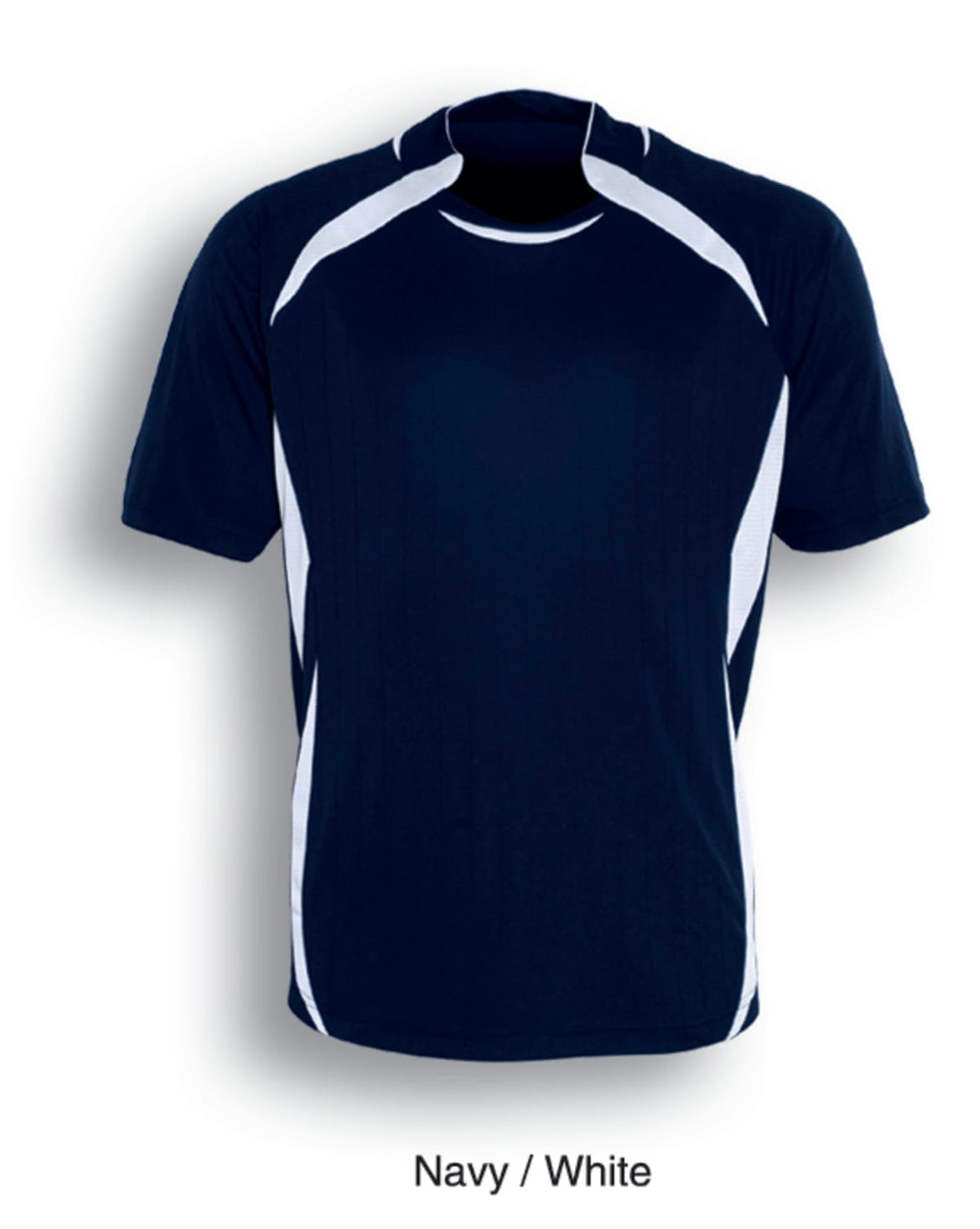 A navy and white sports jersey with a crew neck and contrasting stripes on the sleeves, featuring a logo.