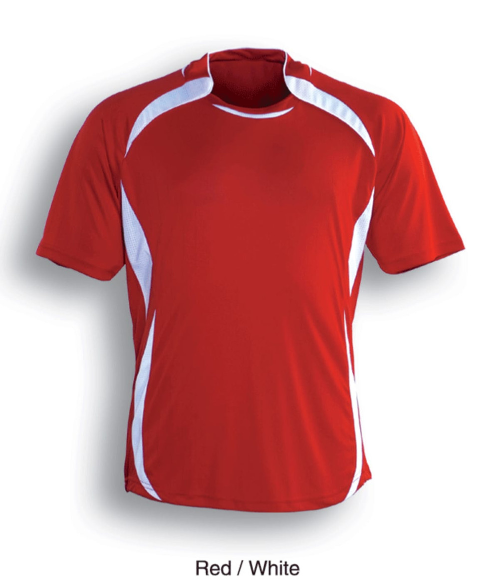 A red and white kids sports jersey featuring a mesh design and a logo on the front.