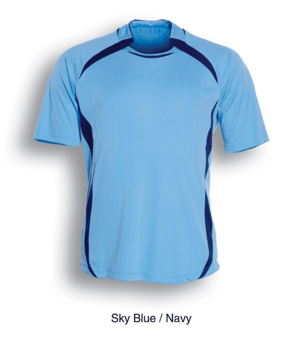 A sky blue sports jersey featuring navy accents and a logo. Suitable for kids’ sports activities.