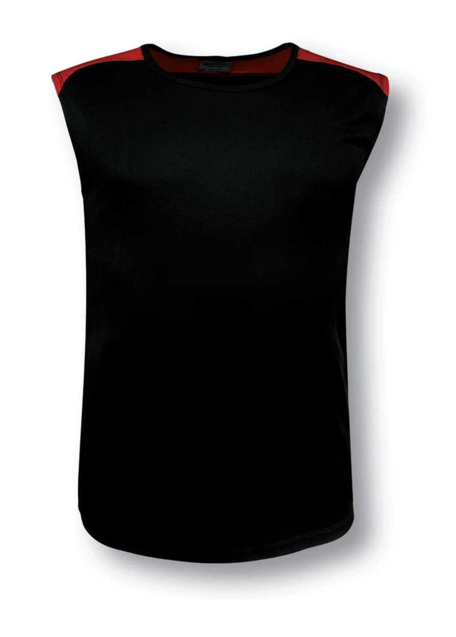 A black sleeveless tank top with red contrast features and a logo on the side.