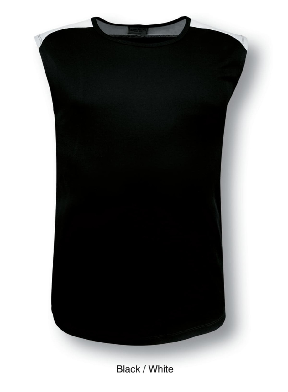 A black and white men's tank top with contrast features, designed as a lightweight singlet.